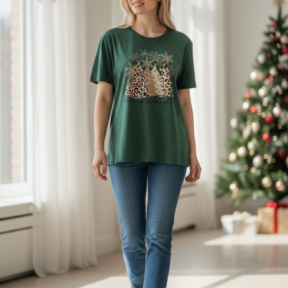 Green Graphic T-Shirt with Leopard Print Trees